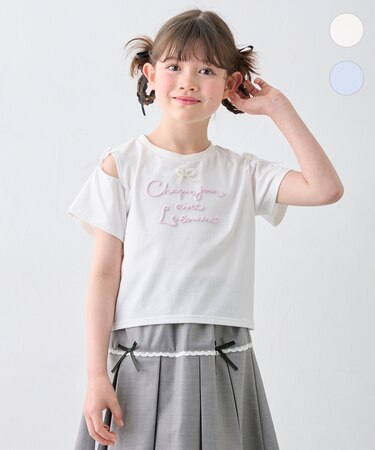 肩あき ロゴ刺繍Tシャツ