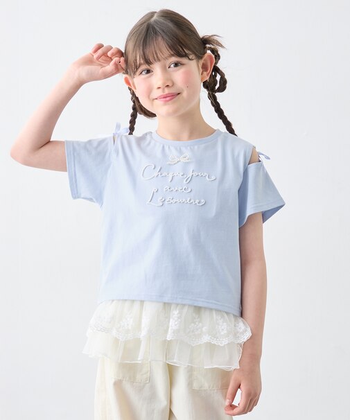 肩あき ロゴ刺繍Tシャツ