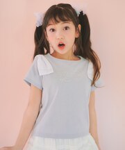 【綿100%】肩リボン×ラインストーンロゴ 半袖Tシャツ