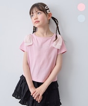 【綿100%】肩リボン×ラインストーンロゴ 半袖Tシャツ