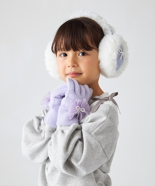 バーバリーキッズジュニア　マフラー、ニットキャップ 、手袋 3点セット　キャメル ダブルリボン シャギーニット手袋｜エニィ キッズの通販｜&mall