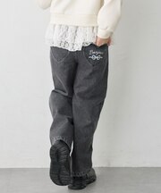 あったか キラキラストーン 裏起毛 デニムワイドパンツ
