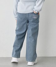 あったか キラキラストーン 裏起毛 デニムワイドパンツ