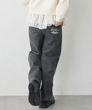 あったか キラキラストーン 裏起毛 デニムワイドパンツ