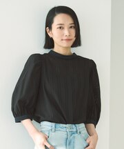 ストライプレース 2WAY パフスリーブブラウス