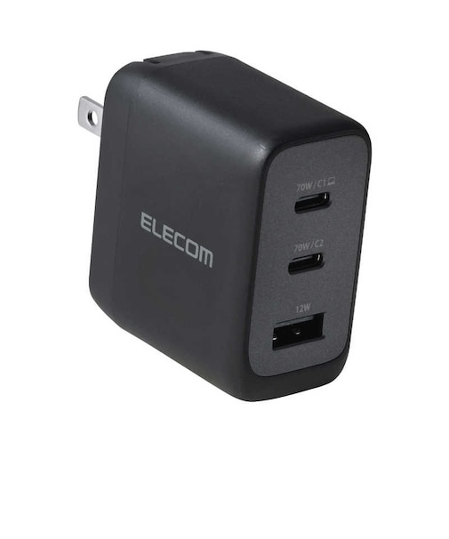 エレコム　USB 充電器 70W PD PPS対応 3ポート USB-C×2＋USB-A GaN II コンパクト AdjustCharge搭載 折りたたみプラグ PSE適合 ACDCPD12770BK