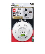 ELPA 丸形USBタップ6個口 PD20W WLSR6322BUCW