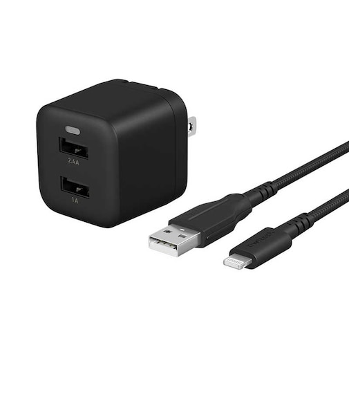 OWLTECH　最大17W USB Type-A 2ポート AC充電器 超タフUSB Type-A to Lightning 1.5m ケーブル セット ブラック OWLAC17WAAL15BK