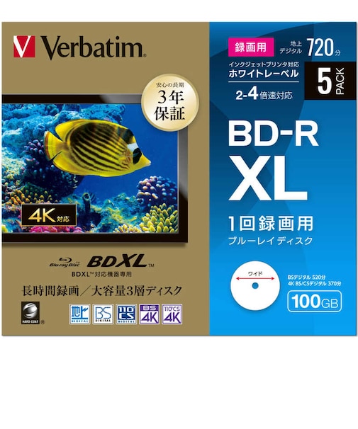 VERBATIMJAPAN　1回録画用 ブルーレイディスク BD-R XL ホワイトプリンタブル 5枚 100GB インクジェットプリンター対応 VBR520YP5D1B
