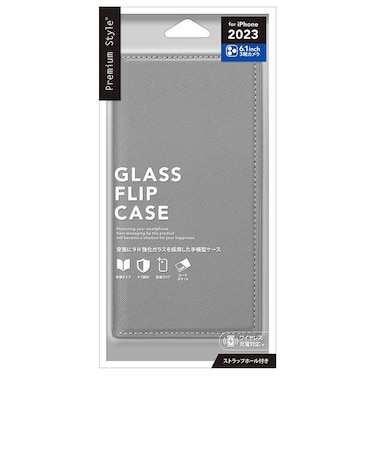 PGA　iPhone 15 Pro(6.1インチ) ガラスフリップケース スクエアデザイン Premium Style グレー PG23BGF08GY