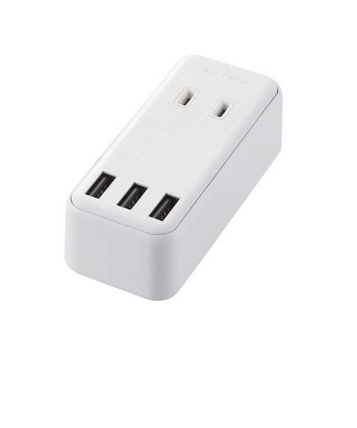 エレコム　モバイルUSBタップ コンセント直挿し 横差し対応 USB3ポート AC2口 同時充電 2.4A スマート充電 小型 ホワイト ホワイト MOTU0823WH