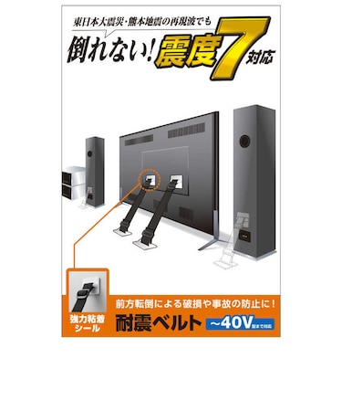 エレコム　耐震ベルト テレビ用 40インチ まで対応 強力粘着 シールタイプ 2本入 固定器具 長さ調整可能 地震対策 転倒防止 防災用品 取り付け簡単 TS001N2