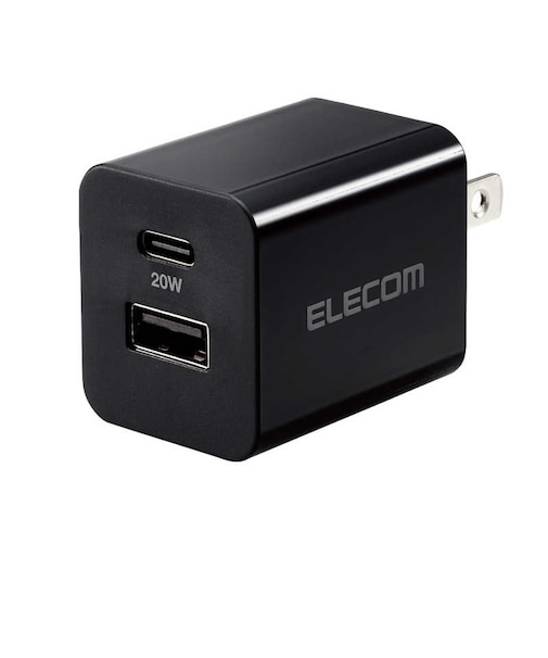 エレコム　充電器 USB Type-C 20W PD対応 2ポート USB-C USB-A コンセント iPhone iPad Android 各種対応 PSE適合 折りたたみ式プラグ ブラック MPAAC12020XBK