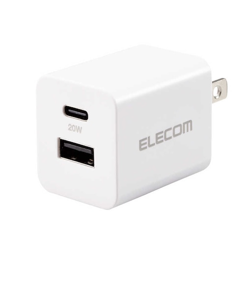 エレコム　充電器 USB Type-C 20W PD対応 2ポート USB-C USB-A コンセント iPhone iPad Android 各種対応 PSE適合 折りたたみ式プラグ ホワイト MPAAC12020XWH