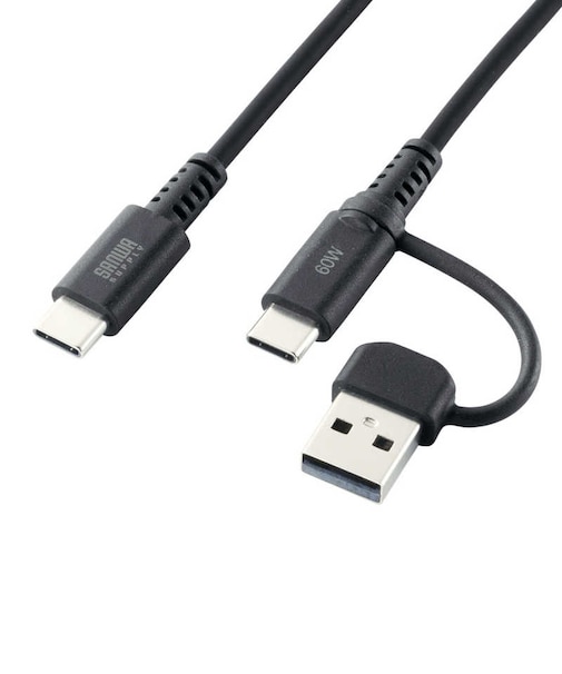 サンワサプライ　USB2.0Type-Cケーブル(CtoA変換アダプタ付き・PD60W・ブラック) KUCCP60ACC10BK