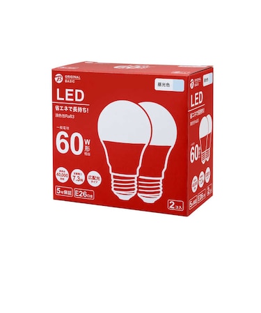 ORIGINALBASIC　LED電球 ［E26 一般電球形 60W相当 昼光色 2個 広配光タイプ］ LDA7DGK60XOB2P