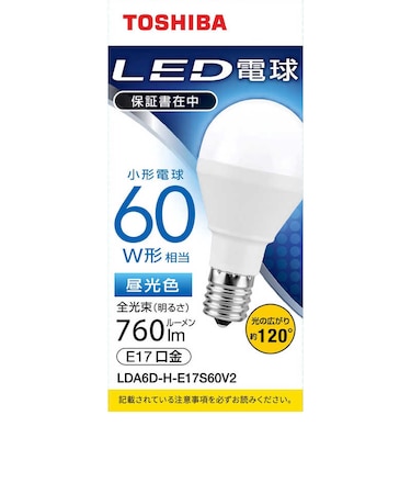 東芝　LED電球 口金E17 ミニクリプトン形 調光非対応 全光束760lm 昼光色 配光角ビーム角120度 60W相当 LDA6DHE17S60V2