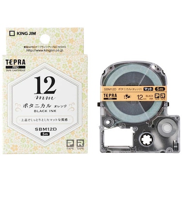 キングジム　マットラベル(模様)テープ TEPRA(テプラ) PROシリーズ ボタニカル(オレンジ) [黒文字 /12mm幅]  SBM12D