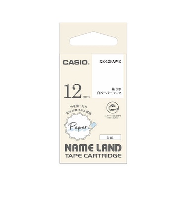 カシオ　ラベルライターNAME LAND用テープ ペーパーテープ ［黒文字 /12mm幅］ 白 XR12PAWE