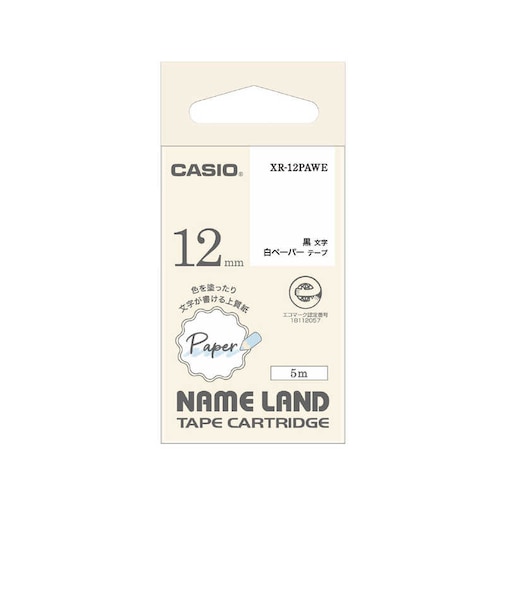 カシオ　ラベルライターNAME LAND用テープ ペーパーテープ ［黒文字 /12mm幅］ 白 XR12PAWE