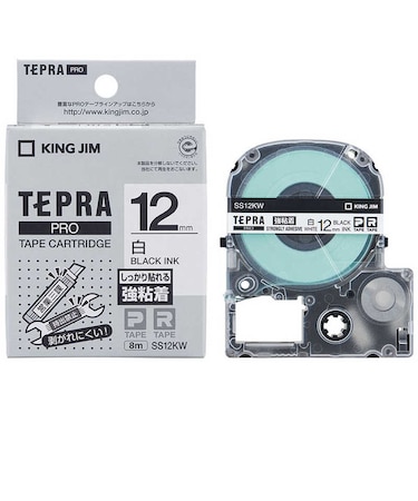 キングジム　強粘着ラベルテープ TEPRA(テプラ) PROシリーズ 白 [黒文字 /12mm幅]  SS12KW