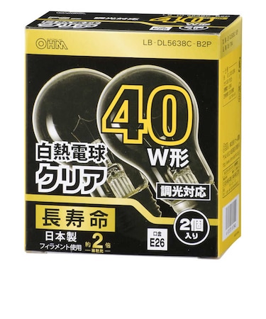 オーム電機　白熱電球 E26 40形相当 クリア 2個入 長寿命 LBDL5638CB2P