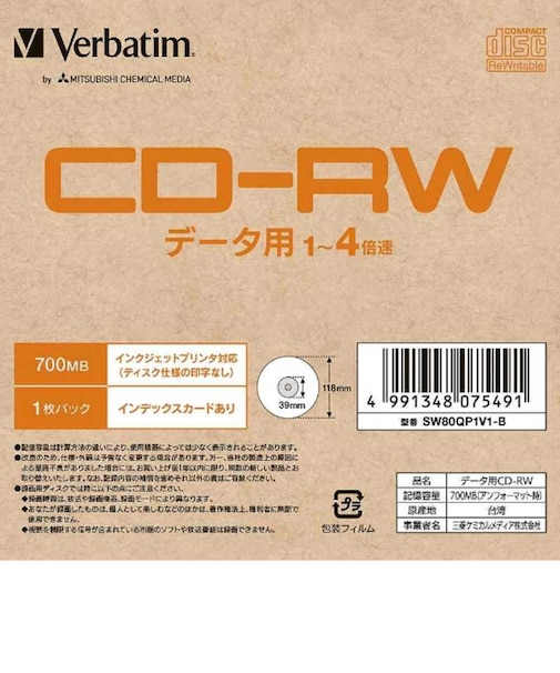 VERBATIMJAPAN　データ用CD-RW 1枚パック SW80QP1V1B