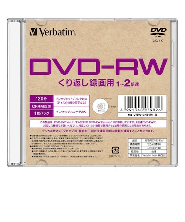 VERBATIMJAPAN　録画用DVD-RW 1枚 4.7GB インクジェットプリンター対応 VHW12NP1V1B