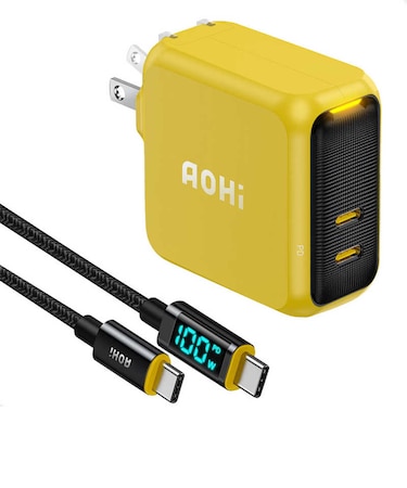 AOHI　PD-USB充電器 ケーブルセット Magcube PRO 100W USB C×2ポート PC/タブレット/携帯電話 100W急速充電 イエローRE-JEMP100YL2