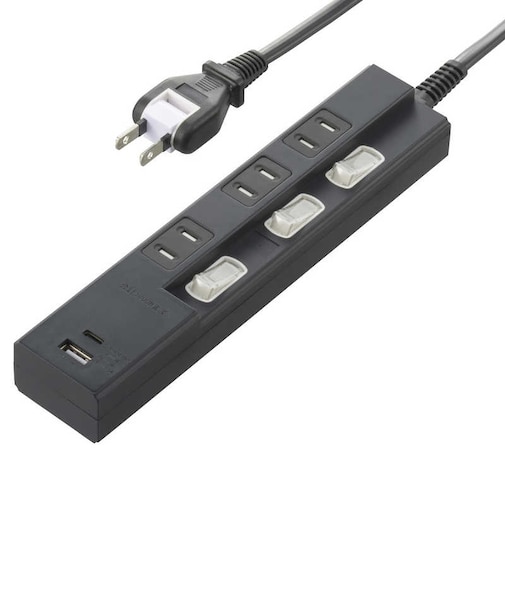 ビックアイデア　USB付き節電タップType-C付3個口3m2ポート ［3.0m / 3個口 / スイッチ付き(個別) / 2ポート］ BITUT332AC1K