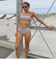 【OUTLET】Roxy SOLEIL BIKINI ウィメンズ 水着 バンドゥ 上下セット ハイウエスト 幾何学模様 ジャガード素材