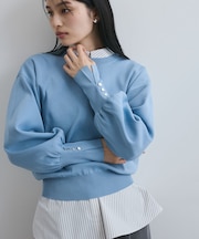 【洗える/アンチピリング】シルバー釦アクセントスリーブクルーネックニット