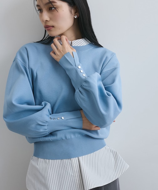 【洗える/アンチピリング】シルバー釦アクセントスリーブクルーネックニット