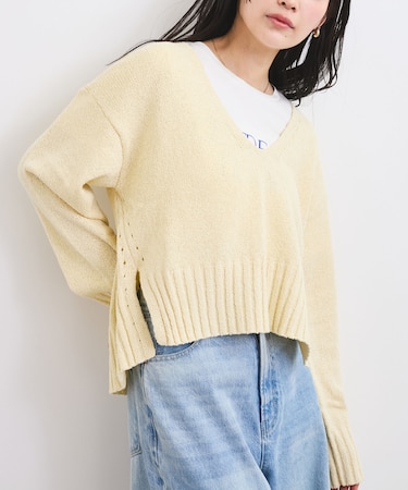 深Vネックミックスニットプルオーバー