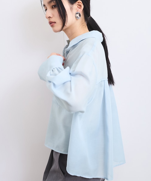 【防シワ/接触冷感/洗える】ボリュームスリーブショート丈シアーシャツ