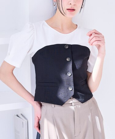 【新色追加】【美easy】釦ビスチェTシャツドッキングプルオーバー【接触冷感/洗える】