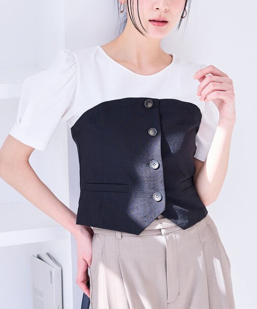 【新色追加】【美easy】釦ビスチェTシャツドッキングプルオーバー【接触冷感/洗える】