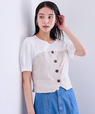【新色追加】【美easy】釦ビスチェTシャツドッキングプルオーバー【接触冷感/洗える】