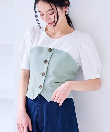 【新色追加】【美easy】釦ビスチェTシャツドッキングプルオーバー【接触冷感/洗える】