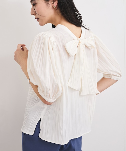 【2WAY】ビッグリボンハーフスリーブブラウス【洗える】