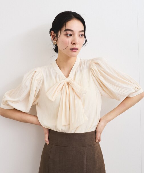 【2WAY】ビッグリボンハーフスリーブブラウス【洗える】