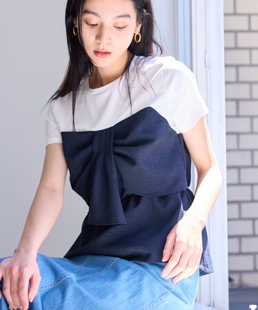 【新色追加】【美easy】ねじりリボンTシャツドッキングプルオーバー【接触冷感/洗える】