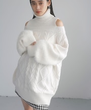 【洗える】オフショルケーブル編みミニワンピース