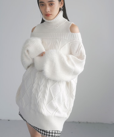 【洗える】オフショルケーブル編みミニワンピース