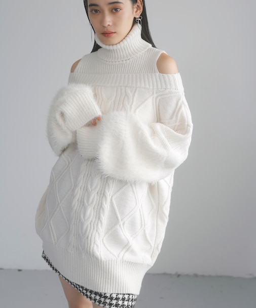 【洗える】オフショルケーブル編みミニワンピース