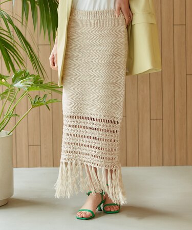 フリンジクロシェメッシュニットスカート