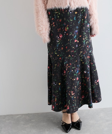 【洗える】ボカシフラワーアート柄マーメイドスカート