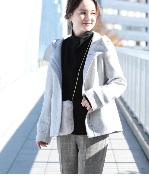 【蓄熱+静電気防止】フレンチウール混立ち襟フードショートコート