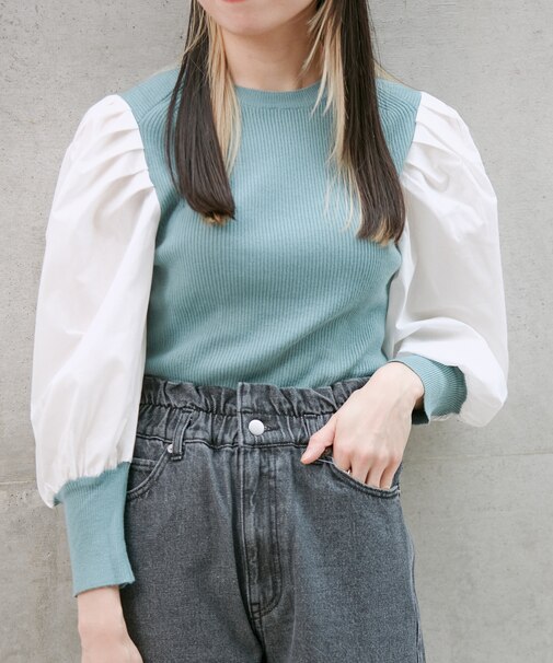 【WEB限定】異素材ボリューム袖ドッキングニットプルオーバー