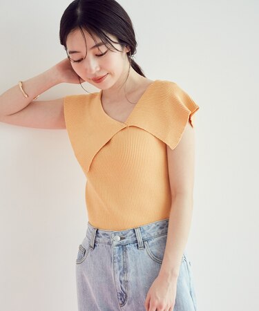 アシンメトリービッグカラーノースリーブニット【sustainable】